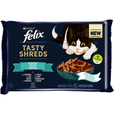 Вологий корм для кішок Purina Felix Tasty Shreds Апетитні шматочки лосось, тунець 4х80 г (7613287650948)