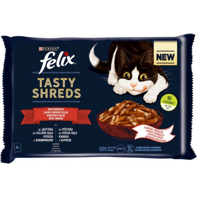 Вологий корм для кішок Purina Felix Tasty Shreds Апетитні шматочки яловичина, курка 4х80 г (7613287650320)