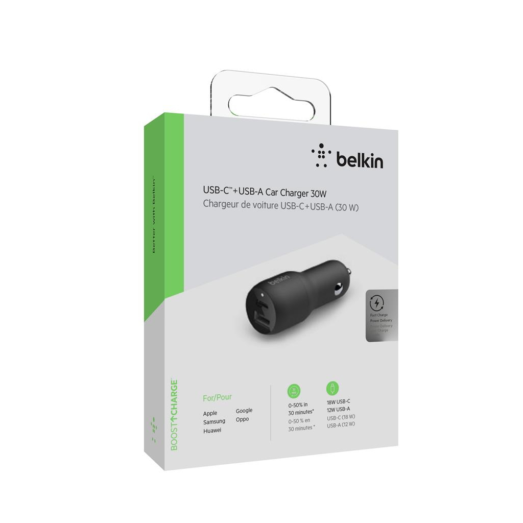 Зарядний пристрій Belkin Car Charger (18W) Power Delivery Port USB-C, (12W) USB-A, bl (F7U100BTBLK)