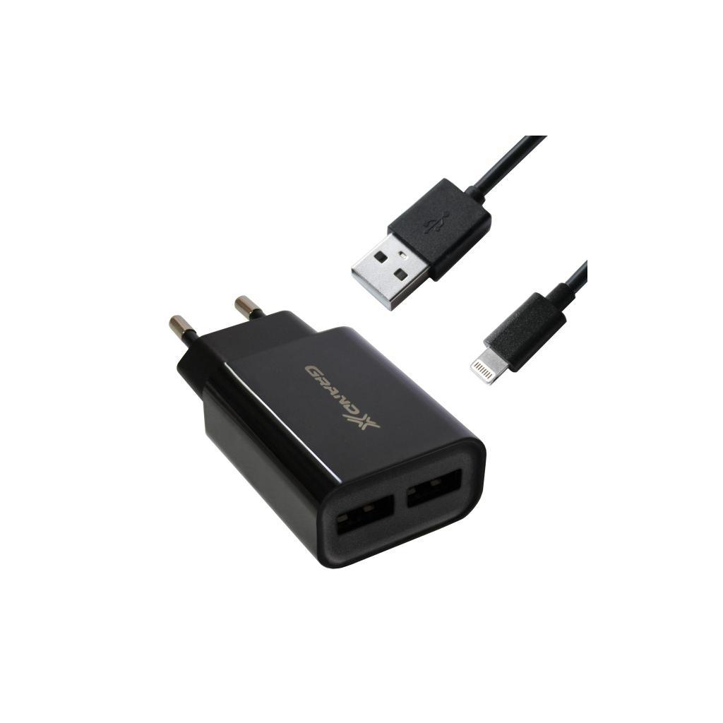 Зарядний пристрій Grand-X 5V 2.4A 2xUSB + cable USB-Lightning (CH45LTB)