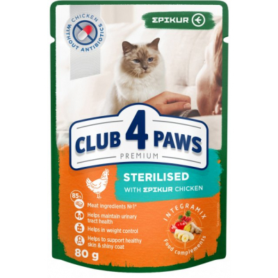 Вологий корм для кішок Club 4 Paws для стерилізованих з куркою EPIKUR у соусі 80 г (4820215365659)